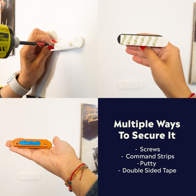 multiple ways to secure it screws, command strips, and party tape