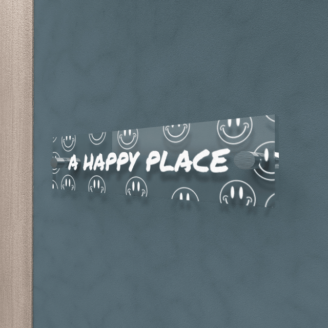 Personalized Acrylic Door Plate - Happy Place - Engraved Plate For Office or Home - Quetzal Studio