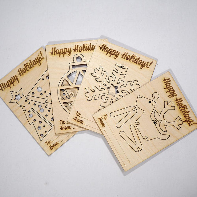 Wood Christmas Greeting Card Set - Rudolph, Snowflake, Tree and Ornament - Quetzal Studio