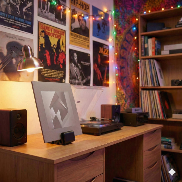 Black Vinyl Record Stand - Minimalist Album Display | Matte Black Holder for Desk