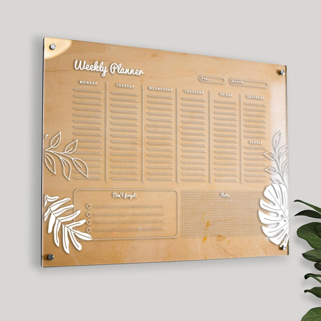 Wood & Acrylic Wall Calendar Planner - Weekly - Tropical - Quetzal Studio