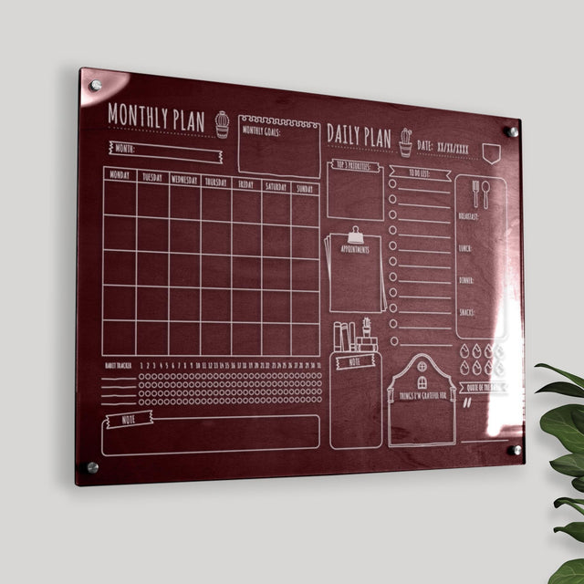 Wood & Acrylic Wall Calendar Planner - Monthly Daily - Drawings - Quetzal Studio