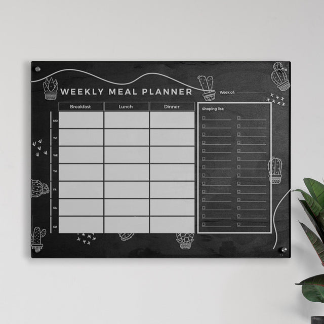 Wood & Acrylic Wall Calendar Planner - Meal Planner - Cactus