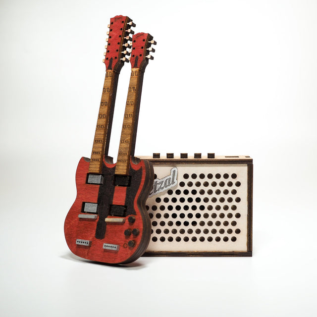 Double Neck Mini Guitar and Amplifier - Personalized Electronic Mp3 Music Box. - Quetzal Studio