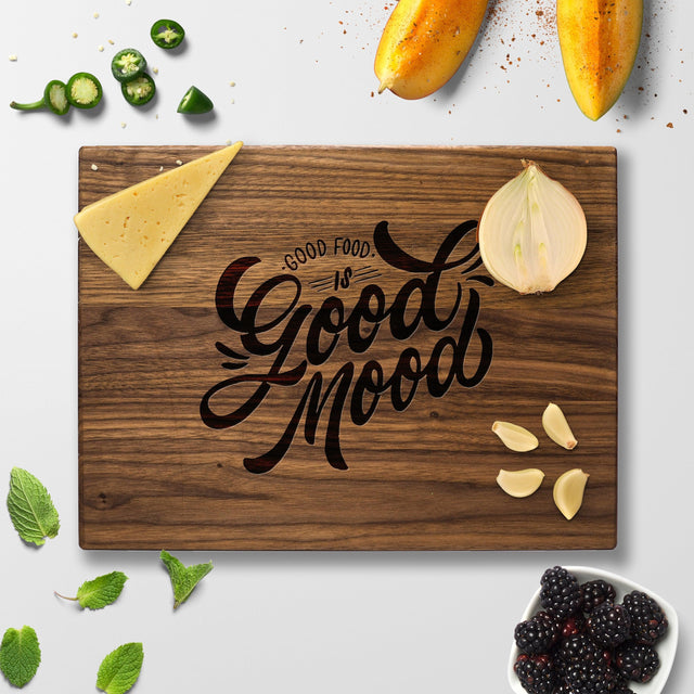 Personalized Cutting Board - Good Food Good Mood - Maple, Cherry or Walnut - Quetzal Studio