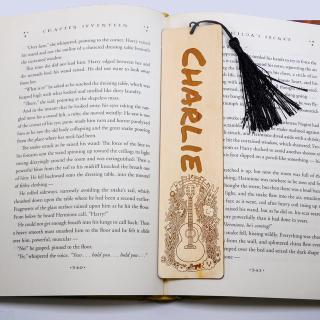 Personalized Wood Bookmark with Tassel - FUN GUITAR - Quetzal Studio