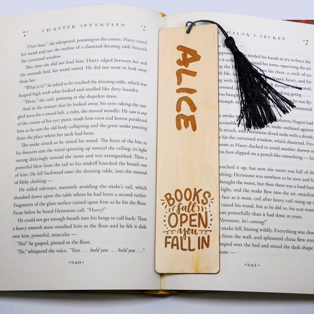 Personalized Wood Bookmark with Tassel - Books Fall Open - Quetzal Studio