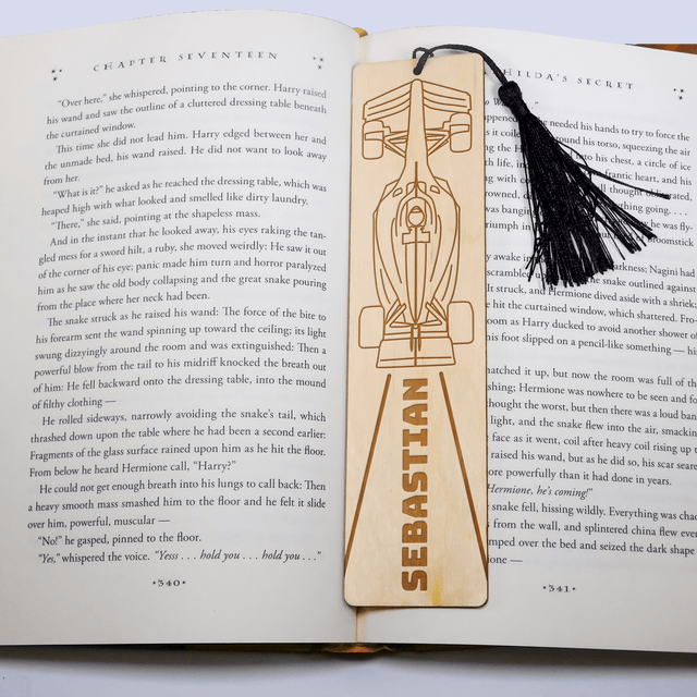 Personalized Wood Bookmark with Tassel - Formula 1 - Quetzal Studio