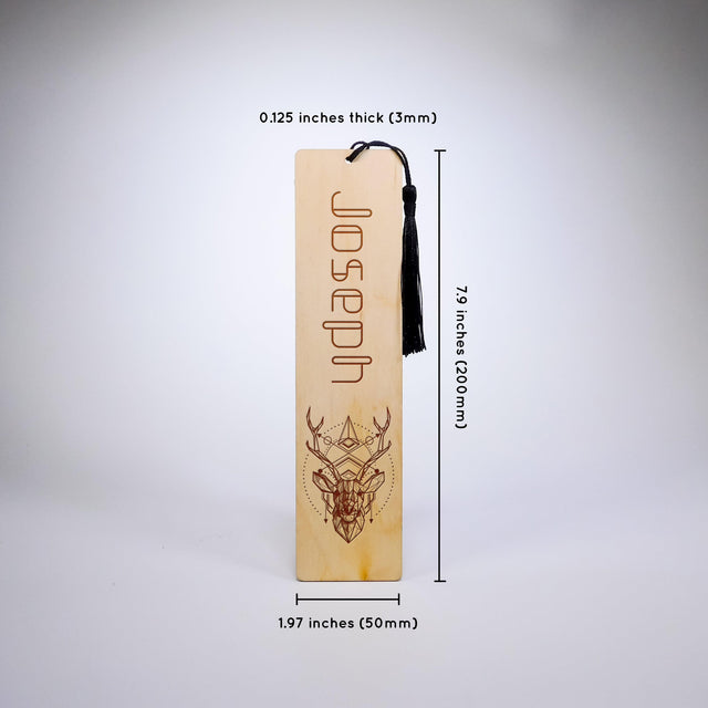 Personalized Wood Bookmark with Tassel - LOW POLY DEER - Quetzal Studio